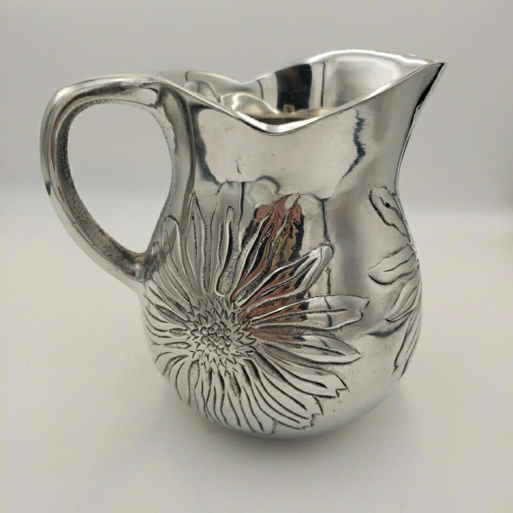 Metal Cast Aluminum Water Pitcher Embossed Sunflower Design Heavy Scalloped Edge